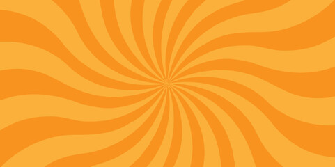 Vector orange sun rays and sunburst backdrop background. Modern seamless retro vintage burst sunrise sunbeam element spiral striped illustration sunray template wallpaper design.