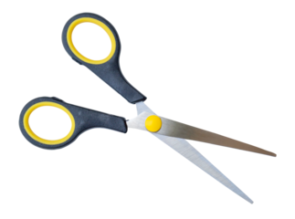Top view of a pair of small multipurpose scissors with black and yellow handle isolated with clipping path in png file format