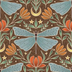 Seamless moonlit botanical pattern that can be used for printing on various surfaces like home textiles, fabrics, wallpapers, paper, etc. This backdrop can also be used for digital projects.