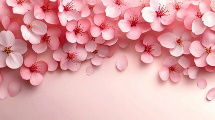 Obraz premium A serene arrangement of delicate pink cherry blossom petals on a soft background, perfect for wedding invitations, spring events, or Chinese New Year celebrations.