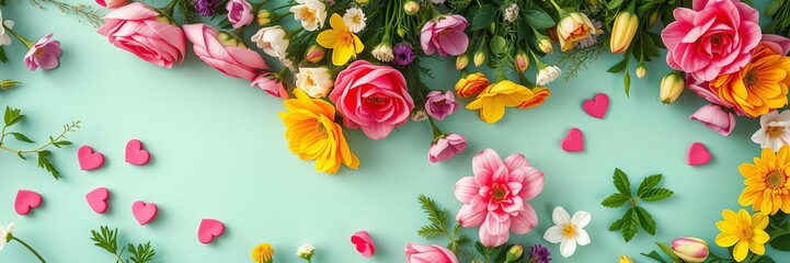 Fototapeta premium Colorful bouquet of flowers and decorative hearts on vibrant green grass, hearts, spring