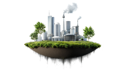 Green industrial power plant with smoke chimneys near a city skyline  