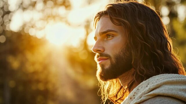 Jesus Crist standing in peacefully at olive groove