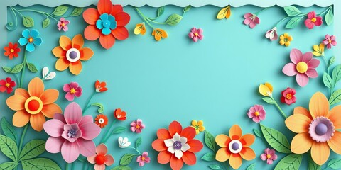 Colorful flowers paper cut style papercraft illustration in vibrant hues for wedding invitation background, paper cut, papercraft