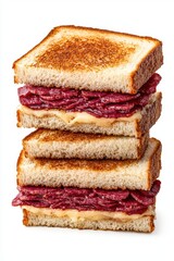 A delicious stacked sandwich featuring layers of melted cheese and savory meat.