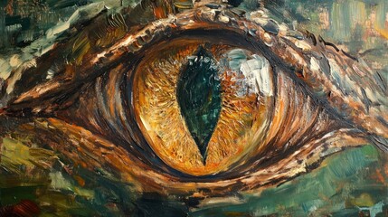 A close-up painting of a reptilian eye with intricate textures and vibrant colors.