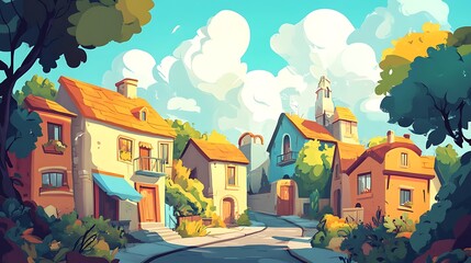 A vibrant, idyllic village scene with colorful houses and lush greenery under a bright sky.