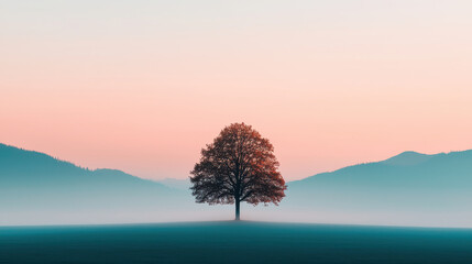 natural transpiration process concept. lone tree in vast field with misty mountains at dawn