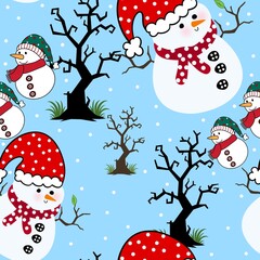 Cartoon wallpaper  snowman pattern alternating with trees in a seamless row, hand-drawn cute sweet blue soft with white dots alternating fashion education gift paper book.