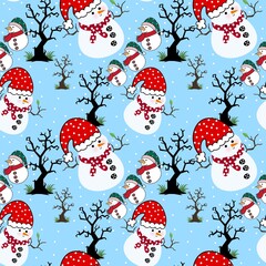 Cartoon wallpaper  snowman pattern alternating with trees in a seamless row, hand-drawn cute sweet blue soft with white dots alternating fashion education gift paper book.