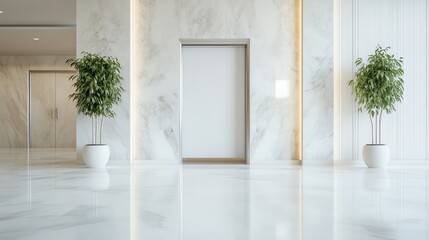 Modern lobby with marble walls, potted plants, and elevator.