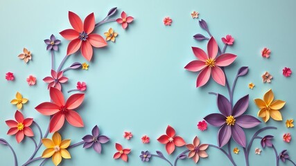 Fototapeta premium Colorful papercut flowers in various shapes and sizes intricately arranged on a pastel blue background, art, intricate