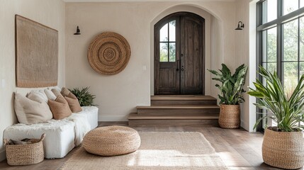 Modern Bohemian Entryway With Woven Accents And Plants