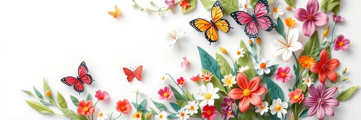 Obraz premium Colorful vibrant floral garden with whimsical daisies, lilies, and butterflies in layered paper cut style abstract background, vibrant, leaves