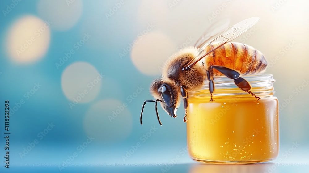 Poster realistic 3d bee with honey jar on soft color background