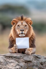 Obraz premium Majestic Lion Holding Blank Piece of Safari Map in Nature Setting