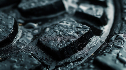 Close-up view of wet tire tread pattern with water droplets reflecting light