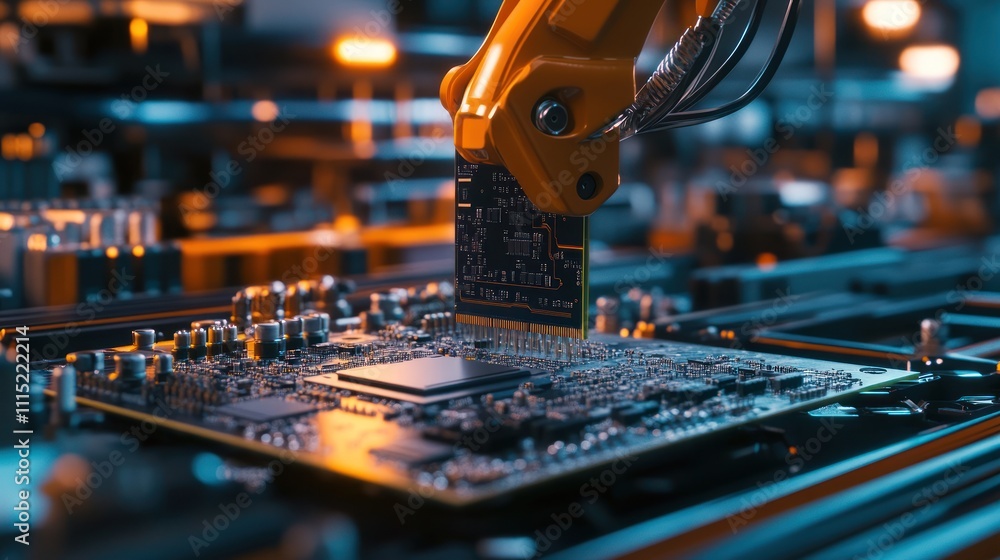 Poster automated manufacturing: robotic arm assembling a circuit board