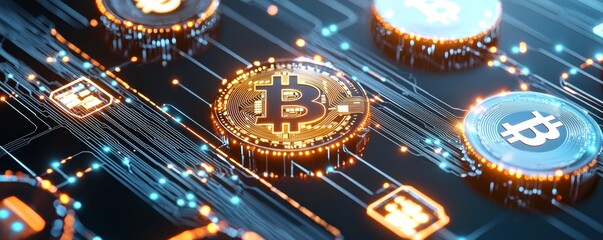 Illuminated 3D Blockchain Network Interface with Cryptocurrency Icons in Digital Economic Framework Visualization