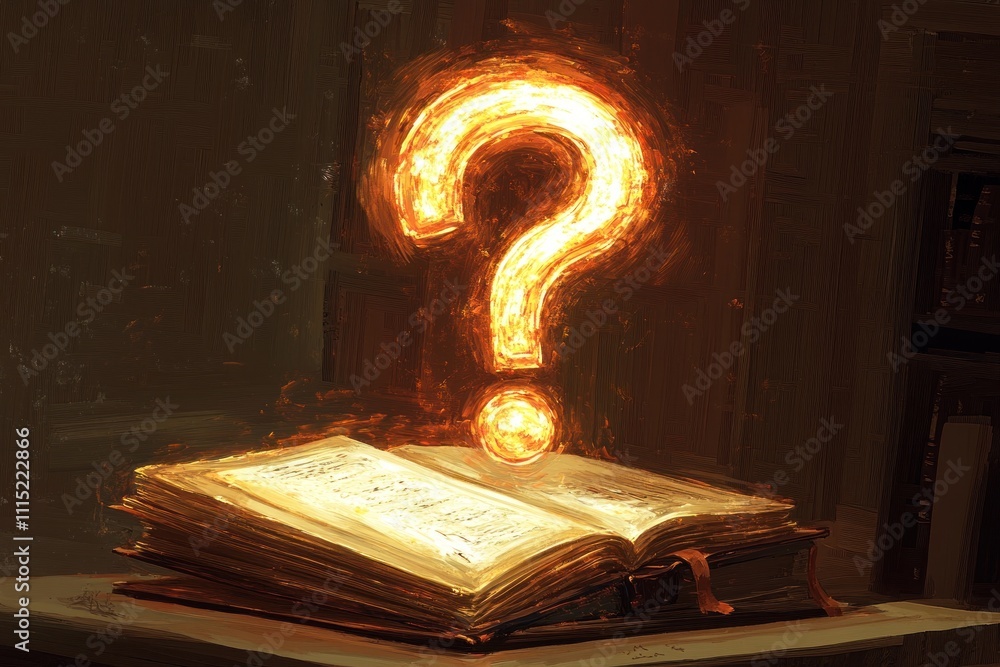 Poster an open book with a glowing question mark above it, symbolizing curiosity and knowledge.