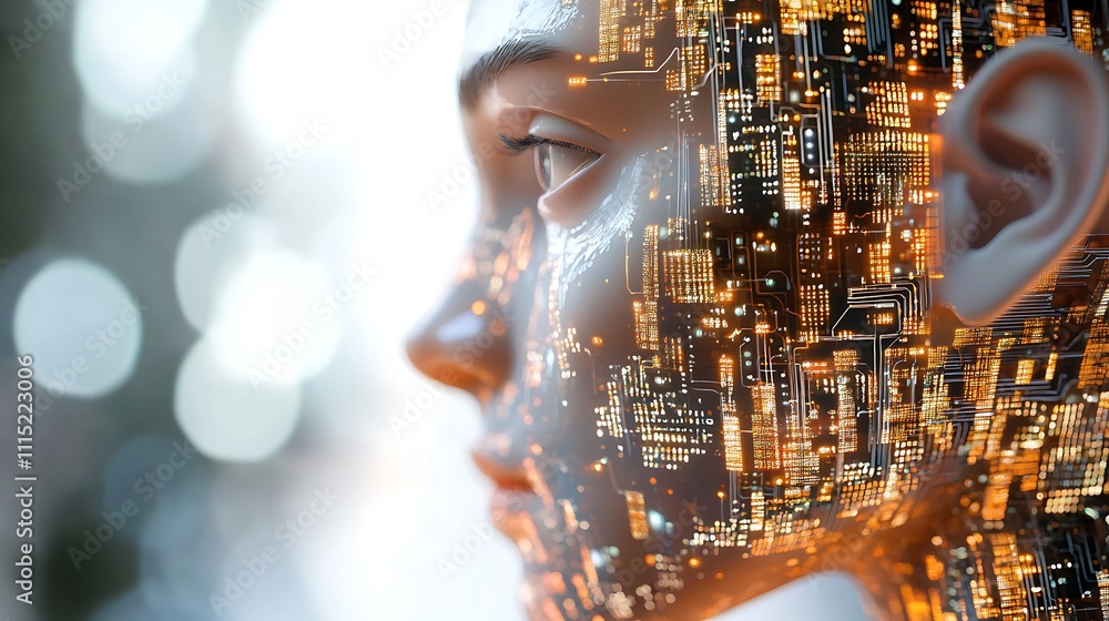 Poster cyberpunk portrait of ai integration for the concept of a complex blend of human digital consciousne