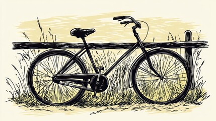 Fototapeta premium A vintage bicycle resting beside a wooden fence in a grassy field.