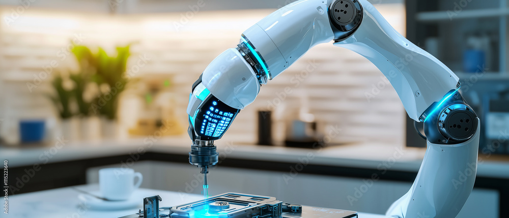 Poster sleek robotic arm powered by AI technology performs precision tasks in modern workspace, showcasing advanced automation and innovation