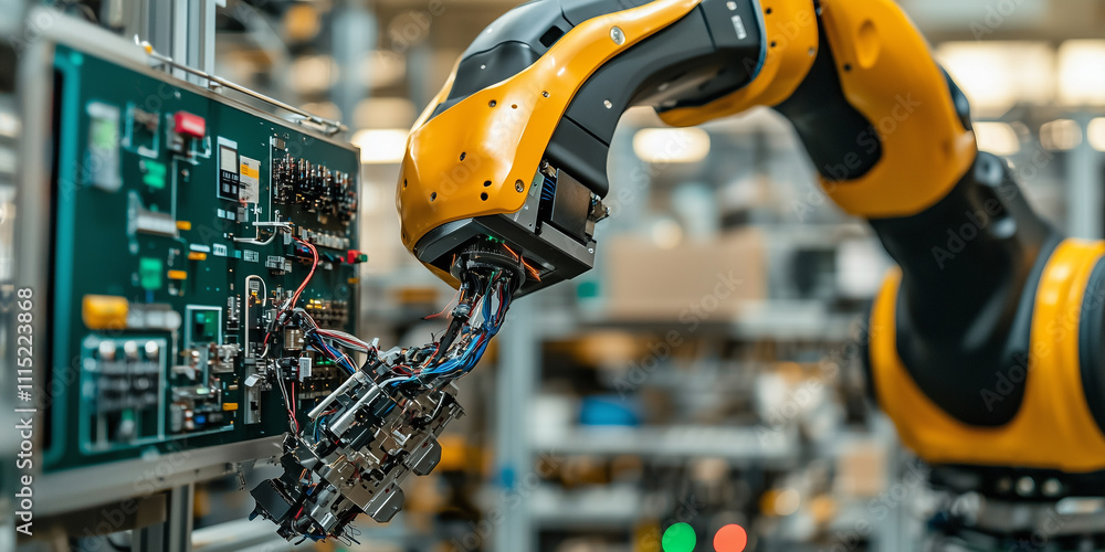 Aufkleber robotic arm performing precise repairs on circuit board in modern factory, showcasing advanced automation and technology in industrial manufacturing