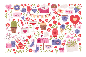Love romantic elements for valentine's day Collection. Cute vector hand drawn flat style illustration set isolated on white background.