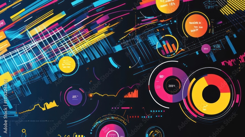 Poster a vibrant data visualization featuring graphs, charts, and colorful metrics.