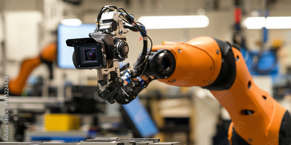 Poster industrial robotic arm equipped with mounted camera operates in modern factory, showcasing advanced 