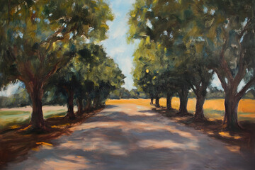Naklejka premium Serene Country Road Surrounded by Lush Green Trees under a Clear Blue Sky in Golden Landscape at Daytime