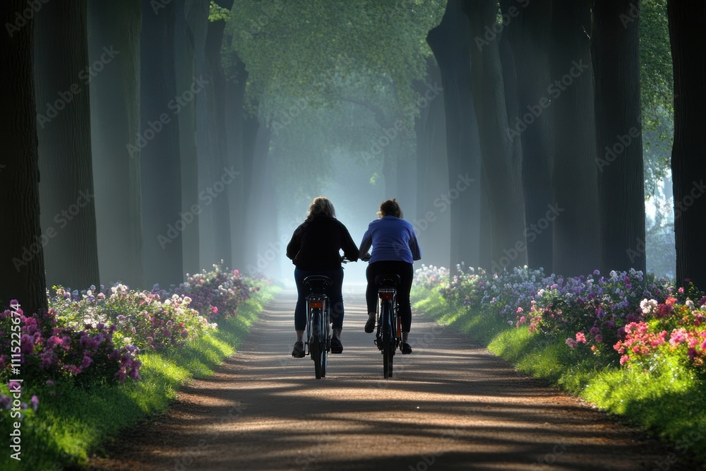 Poster two cyclists riding through a misty tree-lined path adorned with flowers.