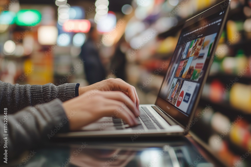 Poster person is typing on a laptop in a store. the laptop screen is filled with images of food and drinks.