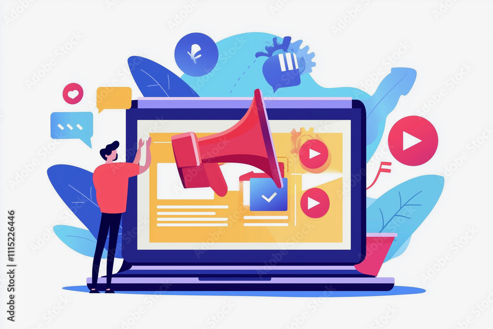 Poster man is standing in front of a laptop with a large red microphone on the screen. concept of excitemen