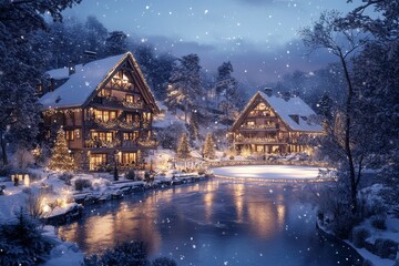 Fototapeta premium Medieval German style houses with wooden facades, illuminated Christmas lights, snow-covered trees, ice rink, winter night with falling snow, joyful New Year’s Eve atmosphere.