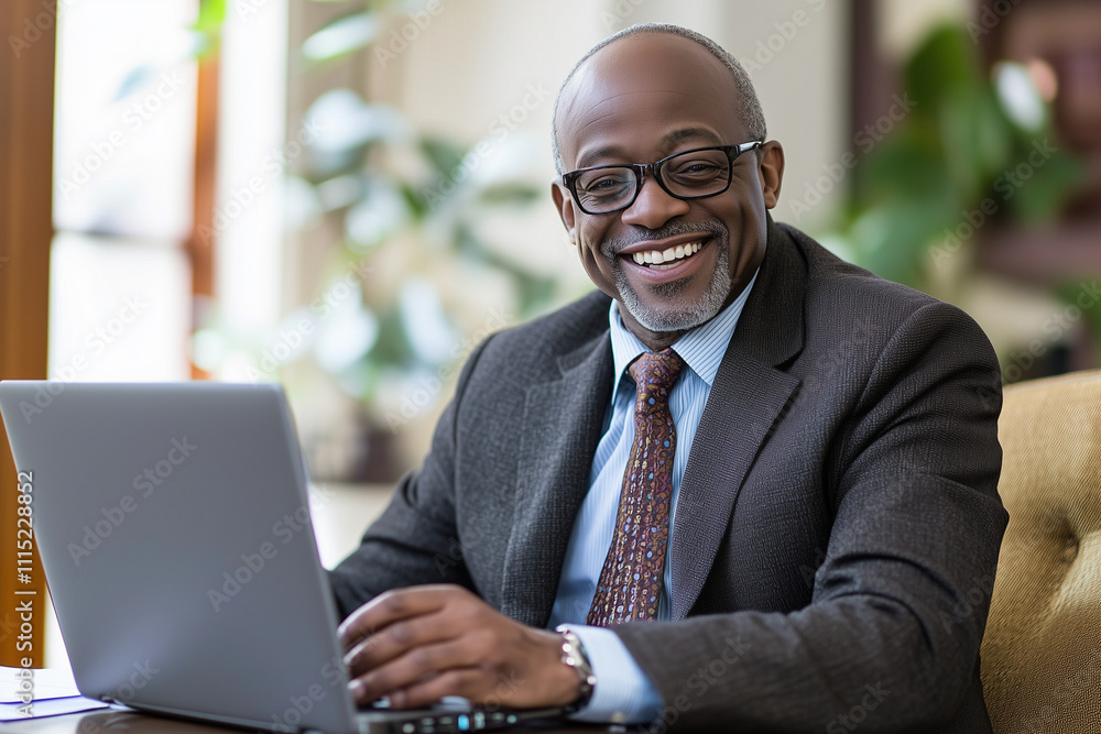 Poster man in a suit is smiling and typing on a laptop. he is happy and content while working