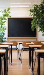 Empty classroom with blackboard, desks, and chairs.