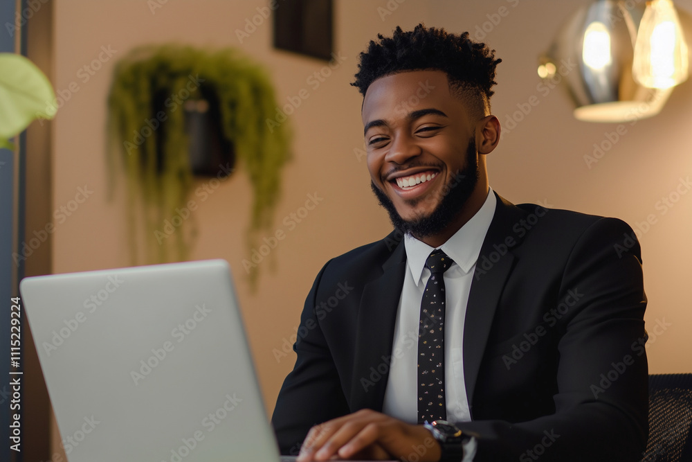 Aufkleber man in a suit is smiling and typing on a laptop. he is happy and focused on his work