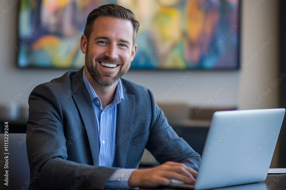 Poster man in a suit is smiling and sitting at a desk with a laptop. he is happy and content while working 