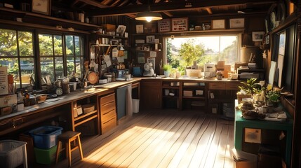 Fototapeta premium Cozy Rustic Kitchen Interior with Wooden Shelves and Vintage Cookware