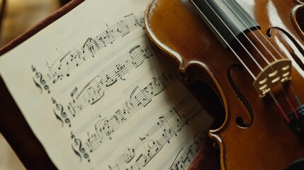 Fototapeta premium Classical music sheet notes that perfectly capture the ageless elegance and complex artistry of orchestral pieces are presented on a wooden stand.
