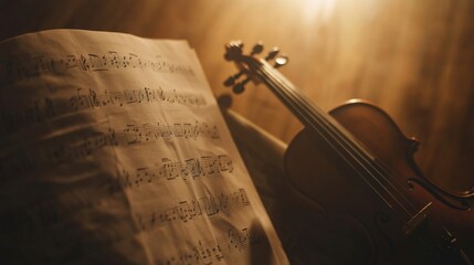 Fototapeta premium Classical music sheet notes that perfectly capture the ageless elegance and complex artistry of orchestral pieces are presented on a wooden stand.