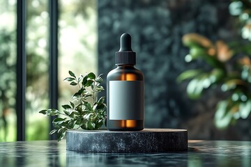 Mockup of a cosmetic product bottle, isolated, with the label in white and flat plants shadows
