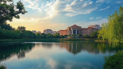 Obraz premium Serene lakeside view with a building and trees under a vibrant sky.