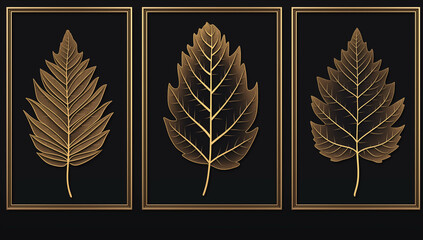 3 metal leaf wall art designs, simple design. gold leaves on a black background.