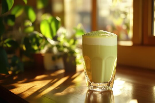Matcha latte creamy foam tall glass wooden table warm sunlight window reflections