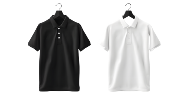 Blank black and white polo shirt mockup, side view isolated on a transparent background