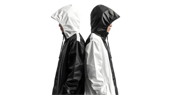 Blank black and white protective raincoat mockup, side view isolated on a transparent background
