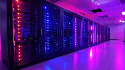 Rows of brightly lit server racks in a data center. Illustrates modern data storage and processing power.